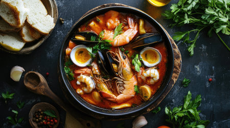 An inviting bowl of bouillabaisse viewed from above, featuring a variety of seafood and vegetables swimming in a fragrant broth, perfect for a cozy seaside dinner.の素材