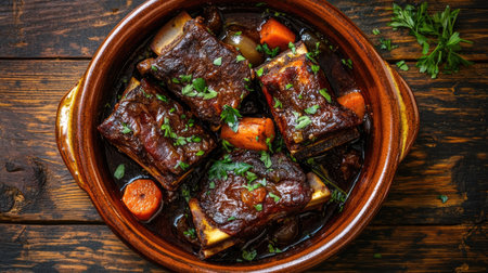 Beef ribs stewed in red wine with carrots and onions, served in a ceramic dish, viewed from above on a rustic wooden surface, garnished with fresh herbs.の素材