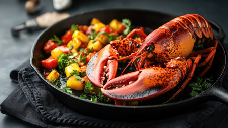 An elegant serving of a freshly baked whole lobster with a side of saut vegetables in a cast iron pan, showcased on a dark fabric placemat, enhancing the modern,の素材