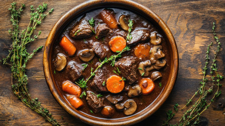 Boeuf Bourguignon in a round dish, captured from above, with beef, carrots, and mushrooms in a rich sauce, surrounded by fresh thyme on a rustic wooden surface.の素材