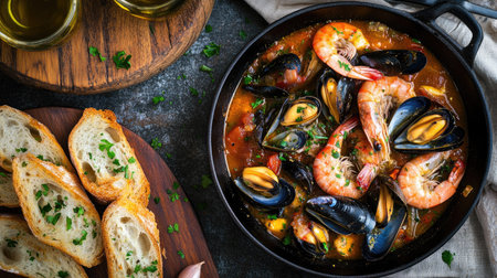 An inviting top view of bouillabaisse filled with colorful seafood and mussels, beautifully styled with a side of crunchy garlic toast baguette for an appetizing meal.の素材