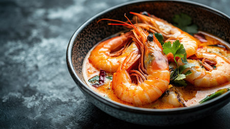 An inviting bowl of spicy tom yum kung filled with shrimp and fragrant ingredients, elegantly presented on a dark stone surface, providing plenty of copy space.の素材
