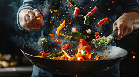 Chef in motion tossing fresh vegetables in a fiery wok, flames shooting up dramatically with vibrant ingredients suspended in mid-air. Dark background for contrast.の素材