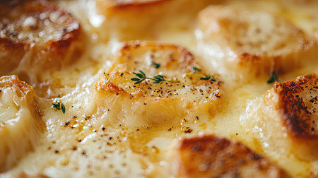 Close-up of French onion soup from above, showcasing a bubbling layer of cheese croutons, garnished with aromatic thyme, ideal for capturing the dish's deliciousness.の素材