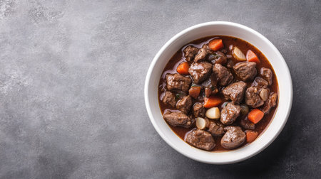 Boeuf Bourguignon in a white bowl on the lower third of a grey background, leaving space above for copy. Ideal for advertising or food-related content.の素材