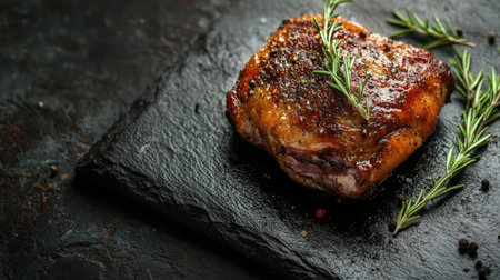 Close-up, flat lay of a succulent baked duck thigh with aromatic spices and sprigs of rosemary, beautifully presented on a dark stone cutting table, highlighting the rich textures.の素材