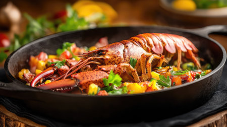 Closeup of a whole Maine lobster, perfectly broiled, served with a vibrant vegetable medley in a cast iron pan, elegantly arranged over a black fabric placemat with warm, inviting lightingの素材