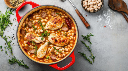 Cassoulet in a bright red pot, filled with chicken breast, sausages, and white beans, placed on a grey concrete background with ingredients and utensils, horizontal top-down view.の素材