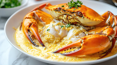 Closeup of a beautifully steamed egg crab, revealing its creamy fresh milk filling and topped with a fiery seafood sauce, capturing the texturesの素材