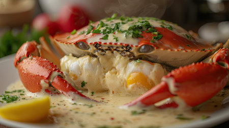 Closeup of a steaming egg crab, showcasing the creamy fresh milk filling and spicy seafood sauce, garnished with fresh herbs for a colorful and appetizing seafood experience.の素材