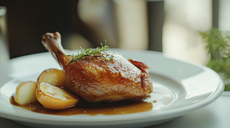 Closeup of a roasted duck confit leg paired with baked apple and gravy on a white plate, illuminated by soft sunlight, creating a warm and inviting summer dining sceneの素材