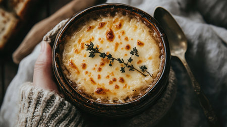 Elegant top-down shot of French onion soup in a ceramic bowl, topped with a crispy cheese crust and accompanied by a spoon, creating a warm and inviting scene.の素材
