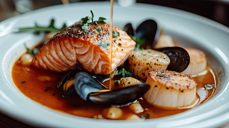 Closeup of rich red bouillabaisse soup, featuring salmon, scallops, and mussels, pouring from a bowl into a white plate, capturing the essence of a gourmet seafood dish.の素材