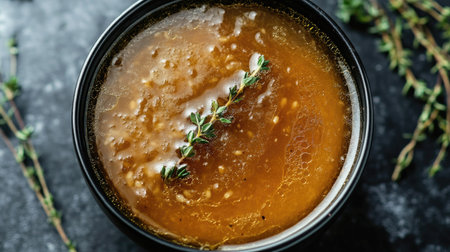 Close-up top view of French onion soup garnished with fresh thyme, showcasing the deep golden color and rich texture of the broth, perfect for food photography.の素材