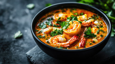 Closeup of moqueca featuring shrimp and fish in a black bowl, garnished with fresh herbs, against a dark slate background with generous copy space.の素材