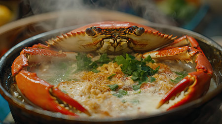 Closeup of a steaming egg crab, showcasing the creamy fresh milk filling and spicy seafood sauce, garnished with fresh herbs for a colorful and appetizing seafood experience.の素材