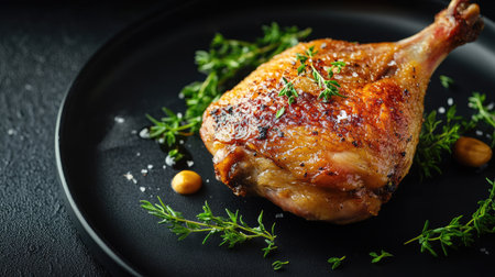 Duck confit leg with crispy skin, garnished with herbs, captured in closeup on a black plate, with space on the right for text, ideal for food-related content.の素材