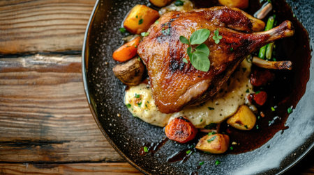 Crispy duck confit from a top view, plated with vegetables and sauce, arranged on a rustic wooden table. The golden skin and tender meat stand out in the close-up.の素材