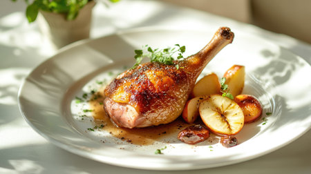 Elegant dish of roasted duck leg confit with baked apple on a white plate, set against a light background with gentle shadows from sunlight, perfect for summer dining.の素材