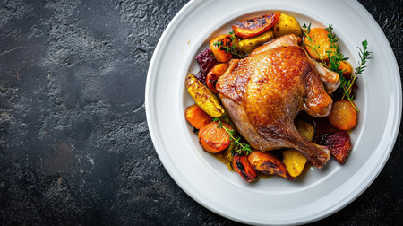 Closeup, top view of duck confit with crispy skin, served with roasted vegetables on a white plate, placed on a dark textured background for contrast.の素材