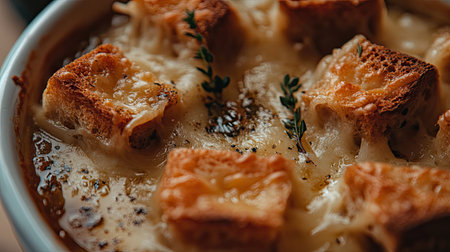 Closeup of bubbling French onion soup with crispy cheese croutons and thyme, beautifully styled from a top perspective, ideal for gourmet food photography.の素材