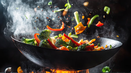Closeup of a wok in flames, fresh vegetables like bell peppers and broccoli being tossed by a chef in mid-air, with a dramatic dark background.の素材