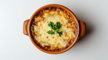 Elegant presentation of French onion soup from a top-down angle, featuring rich textures of melted cheese and onions, set against a clean white background.の素材