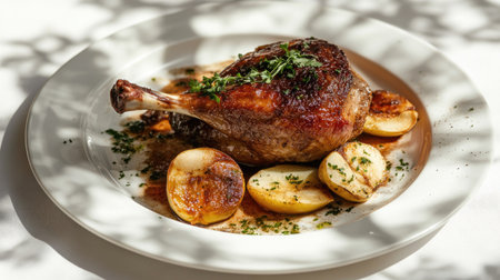 Elegant dish of roasted duck leg confit with baked apple on a white plate, set against a light background with gentle shadows from sunlight, perfect for summer dining.の素材