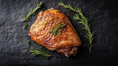 Flat lay of a richly flavored baked duck thigh with a crispy exterior, garnished with fresh rosemary on a dark stone surface, creating an inviting culinary atmosphere.の素材