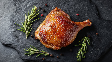 Flat lay of a richly flavored baked duck thigh with a crispy exterior, garnished with fresh rosemary on a dark stone surface, creating an inviting culinary atmosphere.の素材