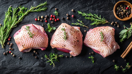 Flat lay of fresh raw duck thighs, seasoned with herbs and spices, arranged on a dark stone background,の素材