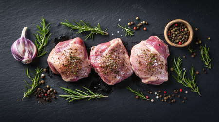 Flat lay of fresh raw duck thighs, seasoned with herbs and spices, arranged on a dark stone background,の素材