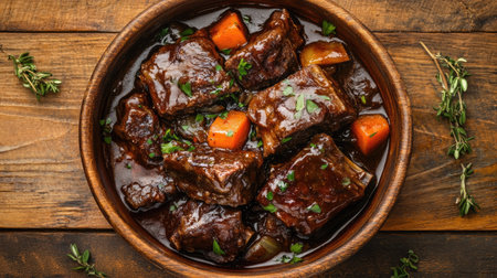 French beef ribs Bourguignon with carrots, onions, and a deep wine sauce, served in a rustic bowl, viewed from a top-down angle on a wooden background.の素材