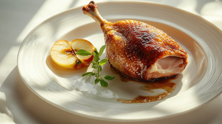 Roasted duck leg confit served with a sweet baked apple, presented on a white plate with a light background and soft sunlight shadows for a warm, inviting look.の素材