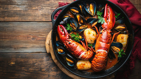 Top view of a rustic seafood feast featuring hot broiled halved Maine lobster and a rich bouillabaisse mussels stew in a pan,の素材