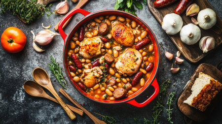 Flat lay of French cassoulet in a red pot with chicken, sausages, and beans, surrounded by vegetables, herbs,の素材