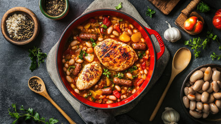 French cassoulet with chicken breast, sausages, white beans, and vegetables in a red pot on a grey concrete table, surrounded by ingredientsの素材
