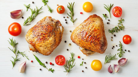 Flat lay of two succulent duck thighs, seasoned and baked to perfection, surrounded by vibrant vegetables on a clean white wooden surface for a rustic touch.の素材