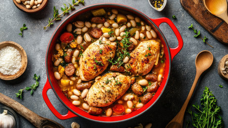French cassoulet with chicken breast, sausages, white beans, and vegetables in a red pot on a grey concrete table, surrounded by ingredientsの素材