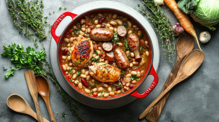 Flat lay of French cassoulet in a red pot with chicken, sausages, and beans, surrounded by vegetables, herbs,の素材