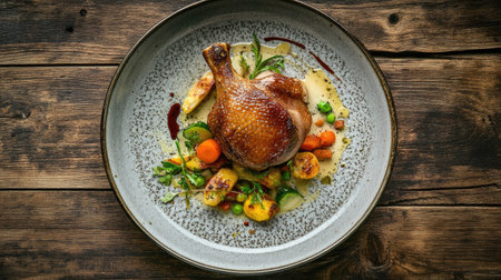 Top view of a duck confit leg, crispy and golden, surrounded by vegetables and a light sauce, presented on a ceramic plate on a rustic wood table.の素材