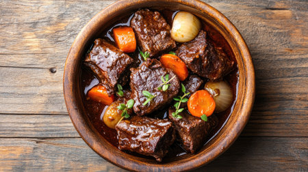 French beef ribs Bourguignon with carrots, onions, and a deep wine sauce, served in a rustic bowl, viewed from a top-down angle on a wooden background.の素材