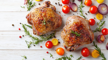 Flat lay of two succulent duck thighs, seasoned and baked to perfection, surrounded by vibrant vegetables on a clean white wooden surface for a rustic touch.の素材