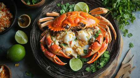 Top view of a steaming plate of egg crab, filled with a rich mixture of fresh milk and served with a spicy seafood sauce, beautifully arranged with lime and herbs for an appetizing look. -の素材