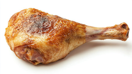 Isolated roast duck leg with perfectly crisp skin, presented on a white background, highlighting the richness and flavor of the dish for food enthusiasts.の素材