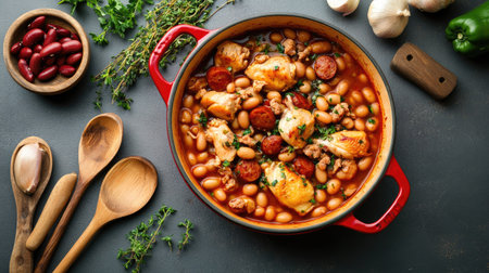 Hearty French cassoulet in a red pot with chicken, sausages, and beans, placed on a grey surface with vegetables, herbs, and wooden spoons arranged in a flat lay. -の素材