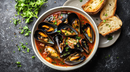 Top view of a delicious bowl of French bouillabaisse, highlighting mussels and fish in a savory stew, paired with golden garlic toast baguette for an appetizing spread.の素材