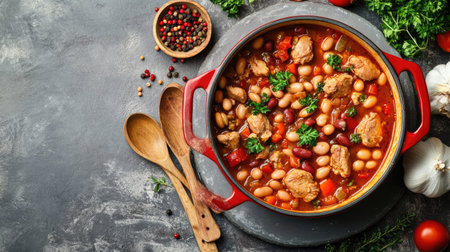 Red pot of chicken cassoulet with sausages and beans on a grey concrete surface, with ingredients like vegetables and herbs scattered around.の素材