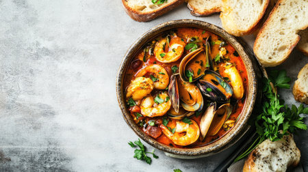 Top view of bouillabaisse in a rustic bowl, garnished with fresh herbs and accompanied by crusty bread, set against a clean background for ideal copy space.の素材