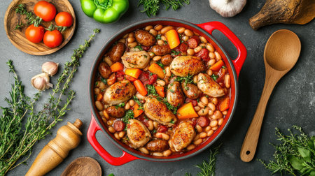 Hearty French cassoulet in a red pot with chicken, sausages, and beans, placed on a grey surface with vegetables, herbs, and wooden spoons arranged in a flat lay. -の素材